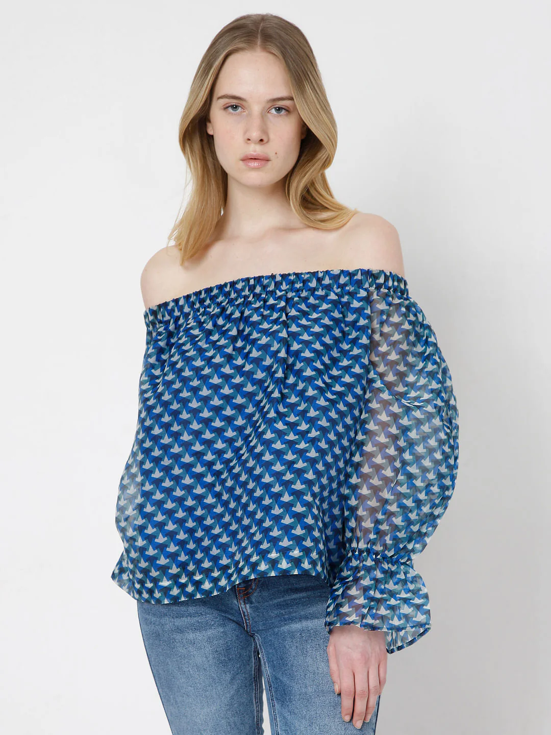 Blue Printed Off Shoulder Top - Image 2