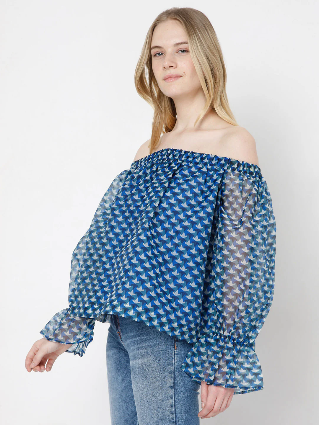 Blue Printed Off Shoulder Top - Image 3