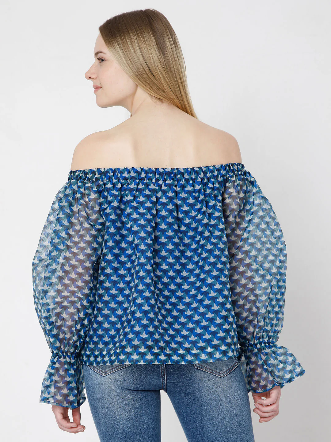 Blue Printed Off Shoulder Top - Image 4