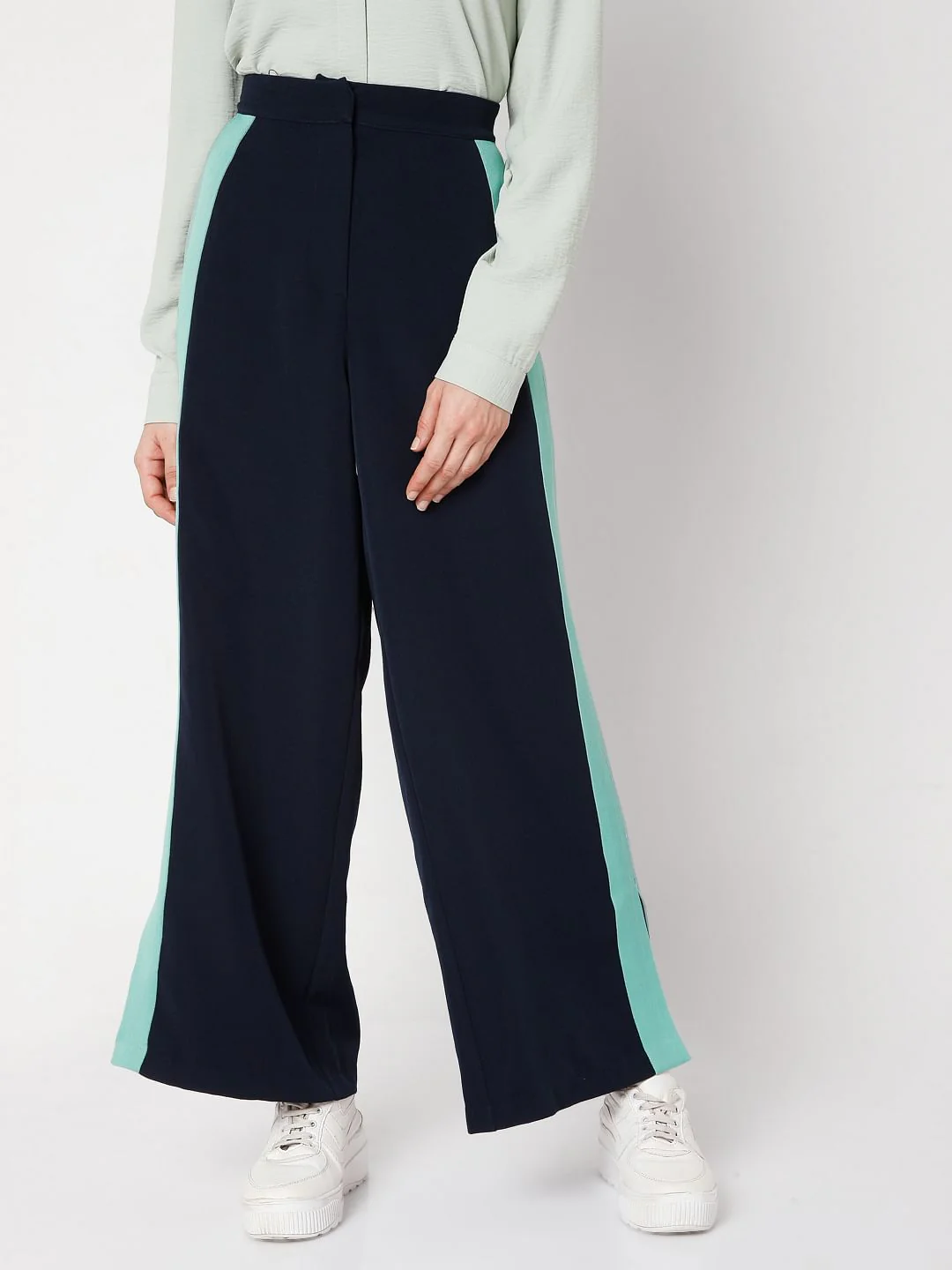 Blue Colourblocked Wide Leg Pants - Image 2