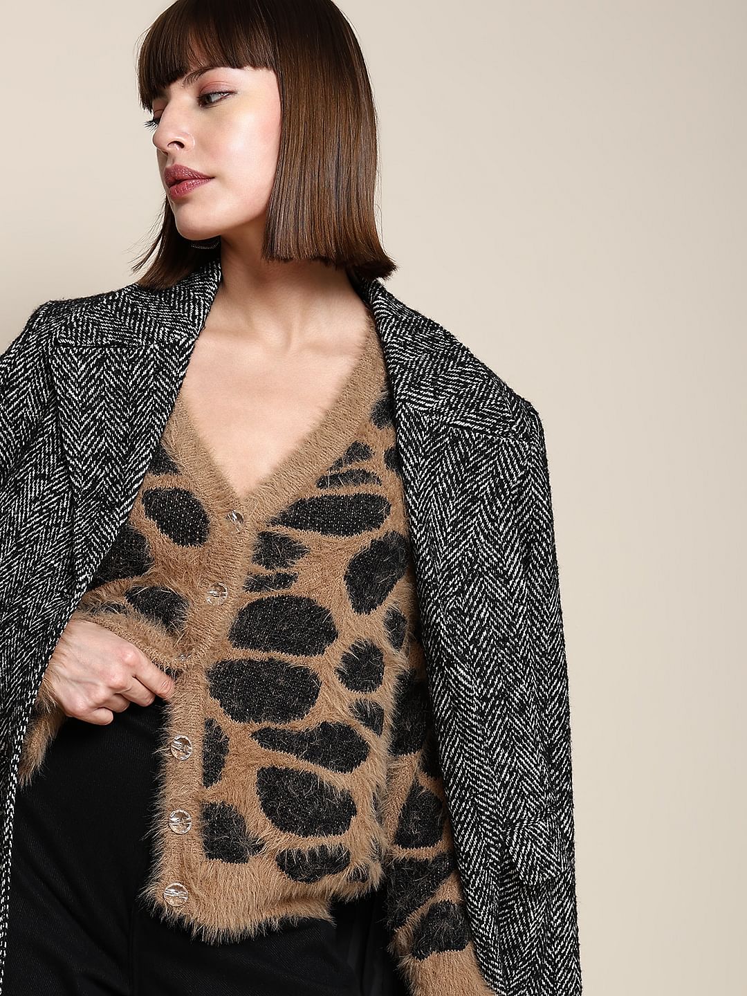 Brown Animal Print Jacquard Cardigan