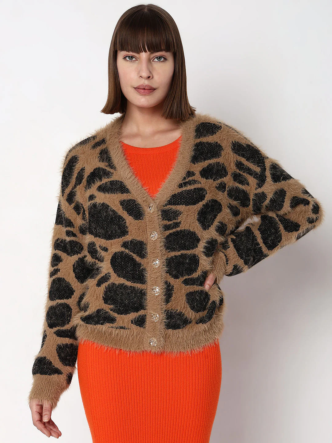Brown Animal Print Jacquard Cardigan - Image 2