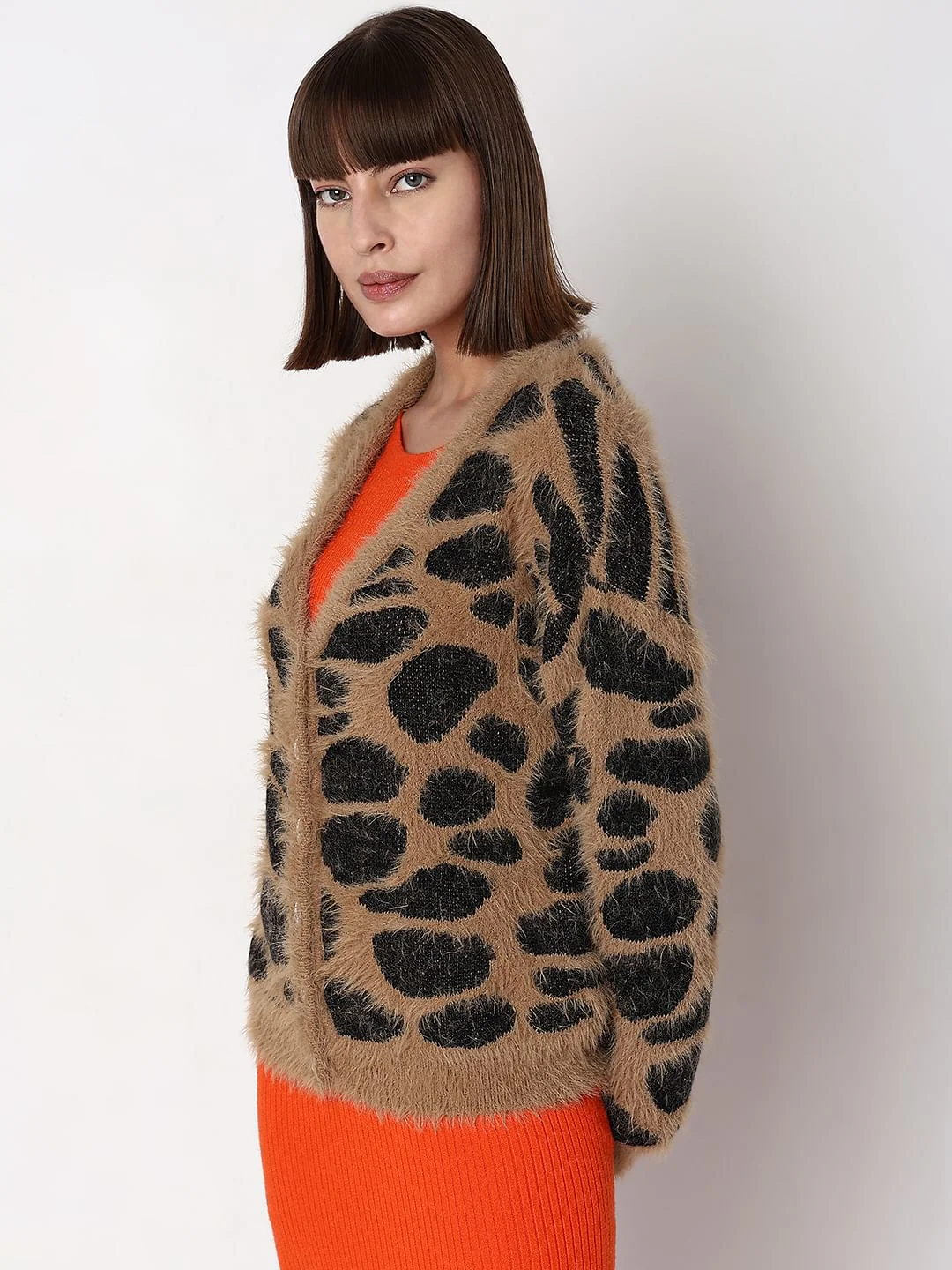 Brown Animal Print Jacquard Cardigan - Image 3