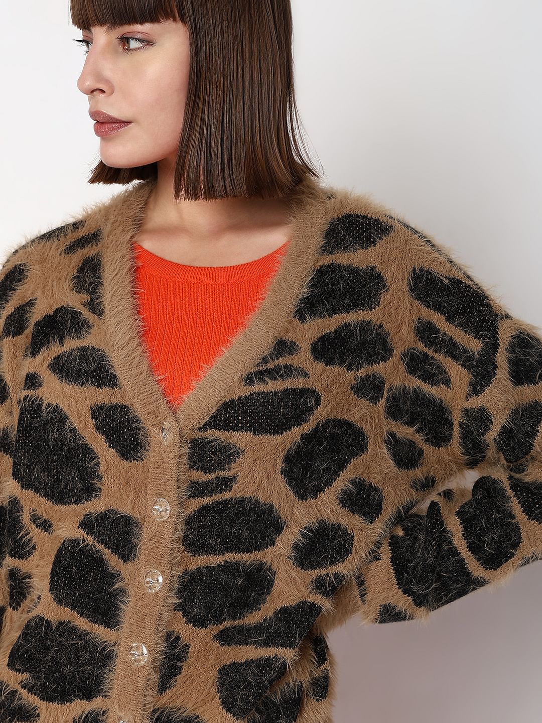 Brown Animal Print Jacquard Cardigan - Image 6
