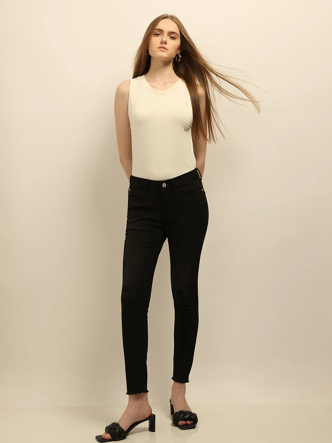 Black Mid Rise Distressed Skinny Jeans
