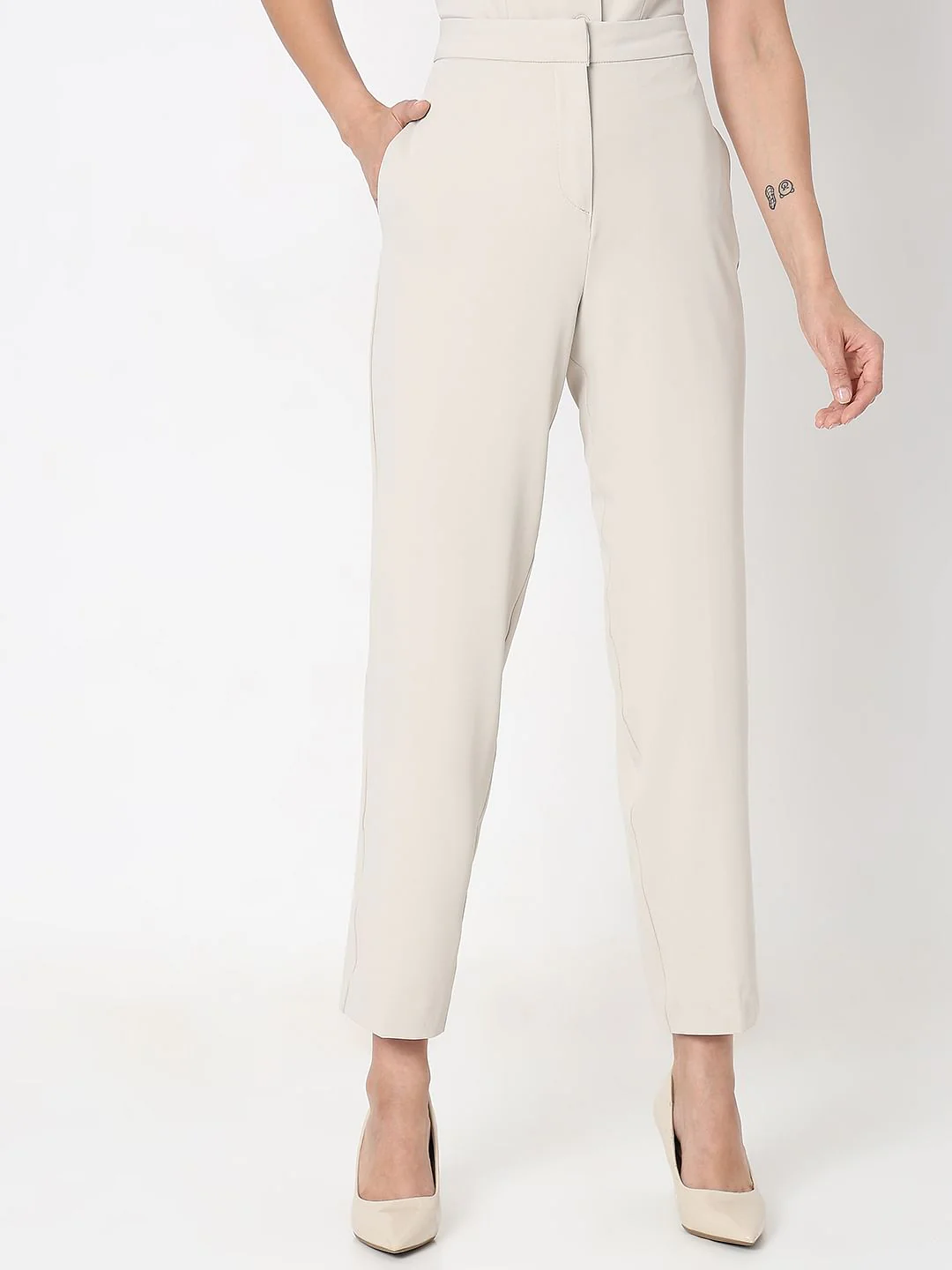 Beige High Rise Tapered Fit Pants - Image 2