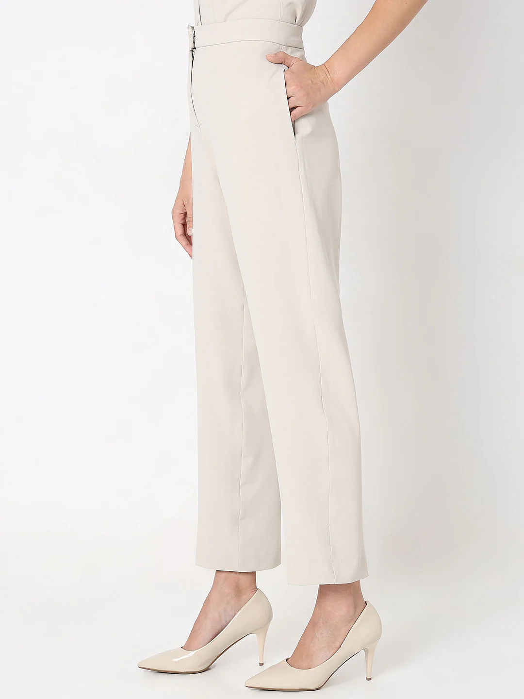 Beige High Rise Tapered Fit Pants - Image 3