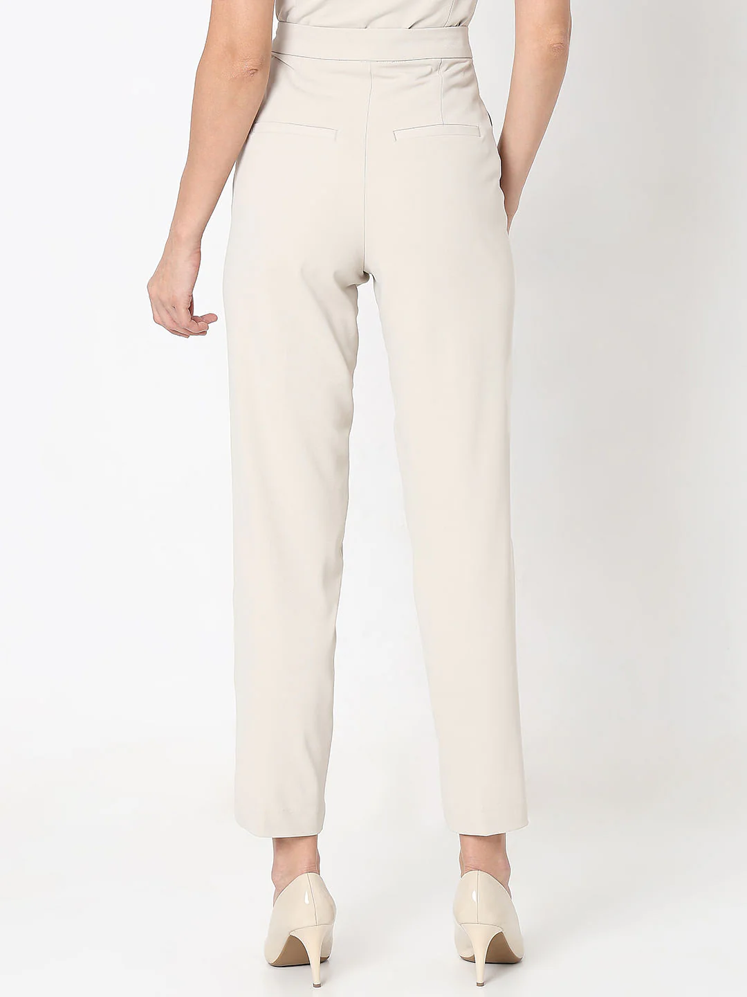 Beige High Rise Tapered Fit Pants - Image 4