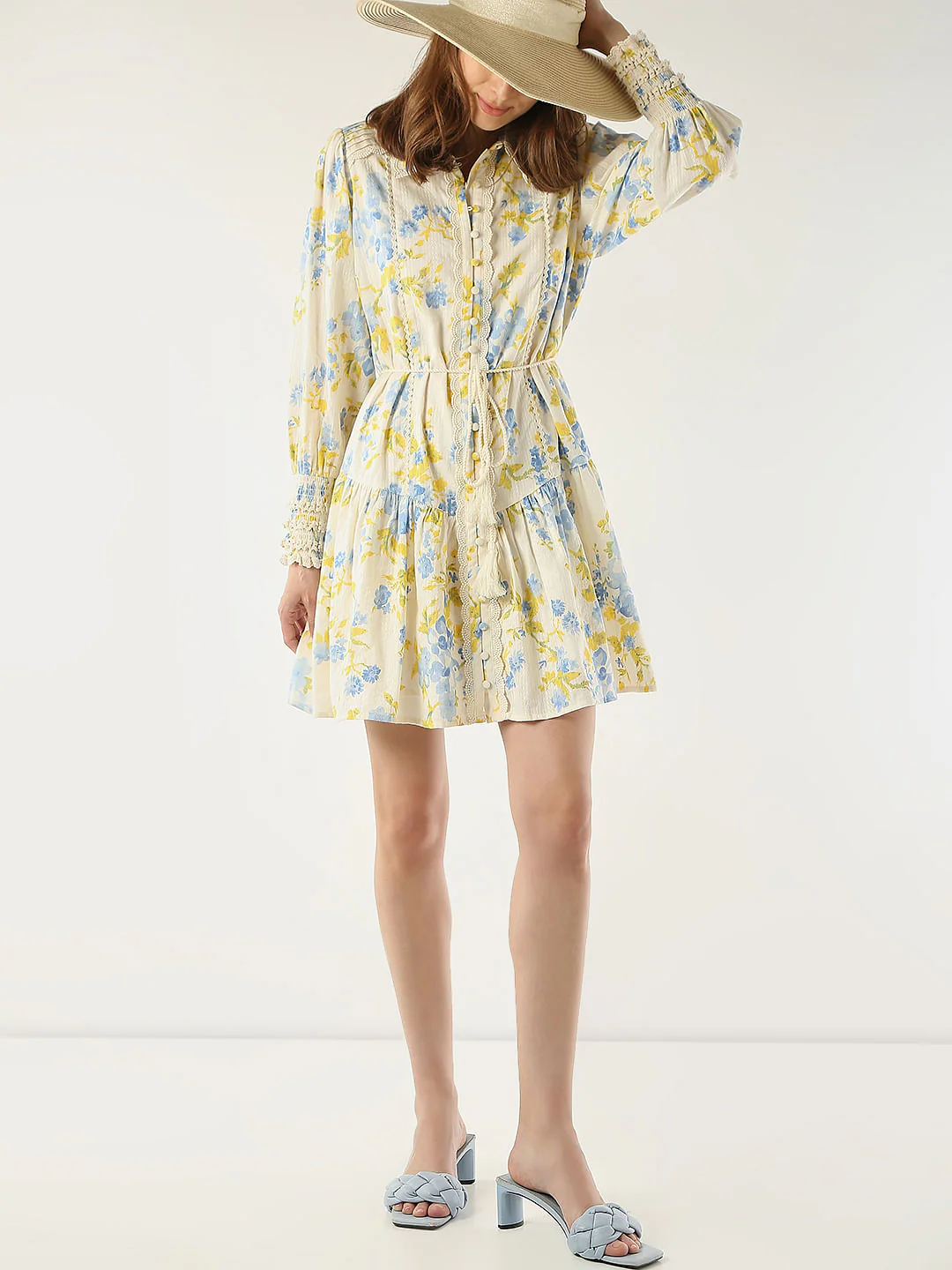 Yellow & Blue Floral Print Shirt Dress