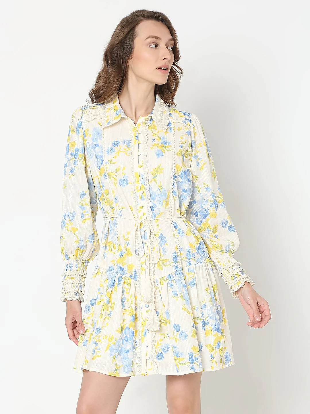 Yellow & Blue Floral Print Shirt Dress - Image 2