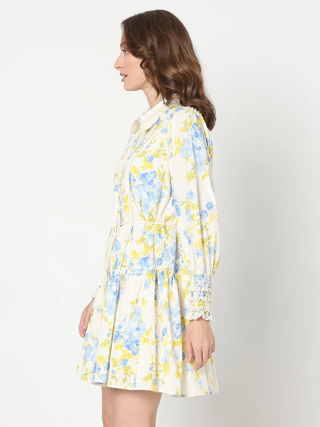 Yellow & Blue Floral Print Shirt Dress - Image 3