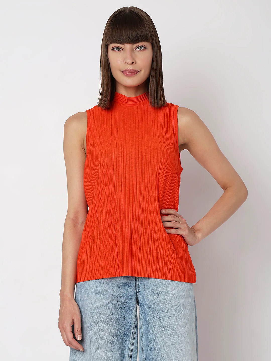 Orange Plisse Sleeveless Top - Image 2