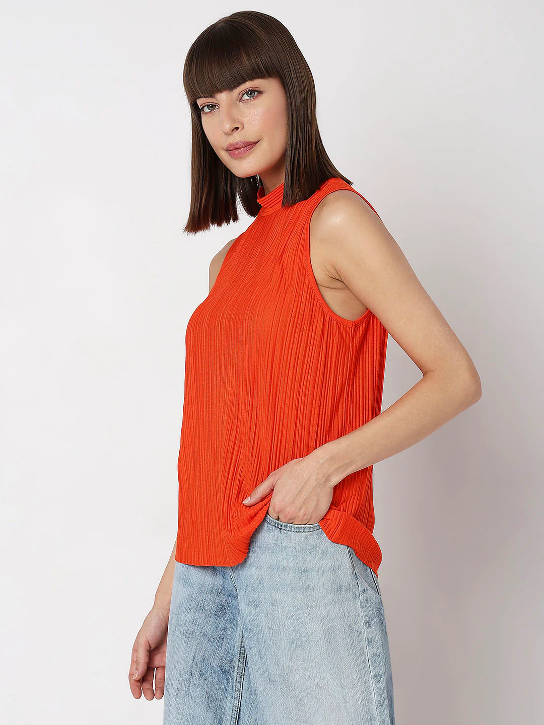 Orange Plisse Sleeveless Top - Image 3