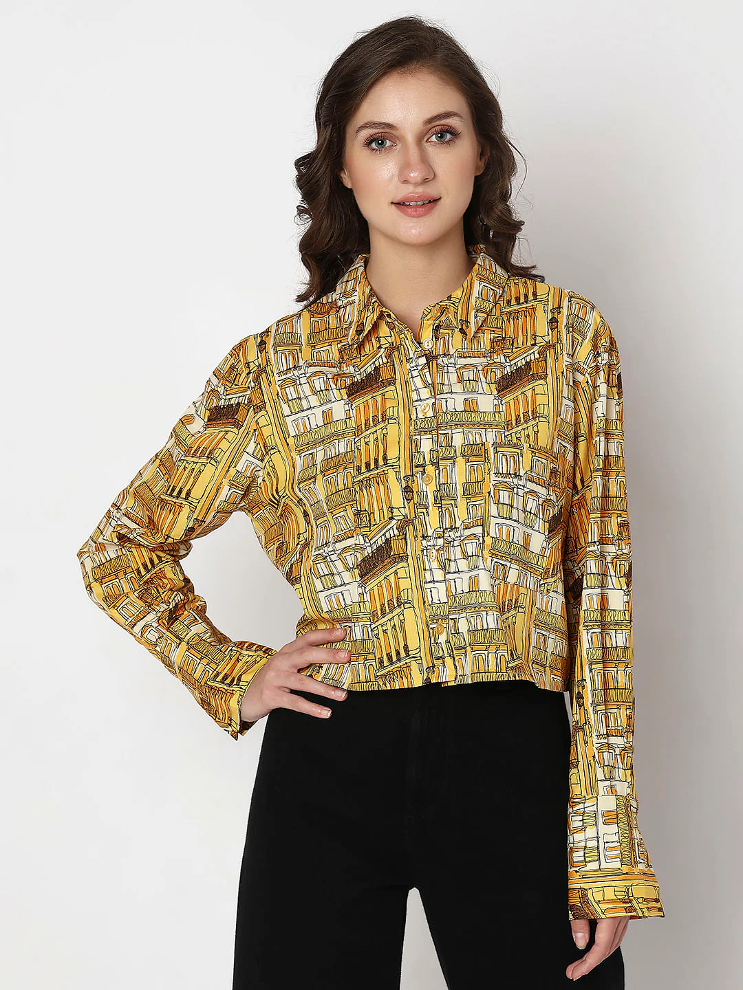 Yellow Abstract Print Cropped Shirt - Image 2