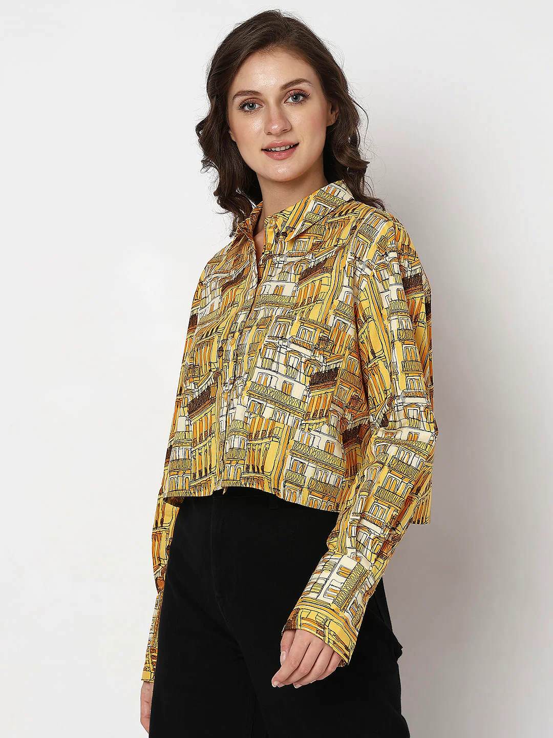 Yellow Abstract Print Cropped Shirt - Image 3