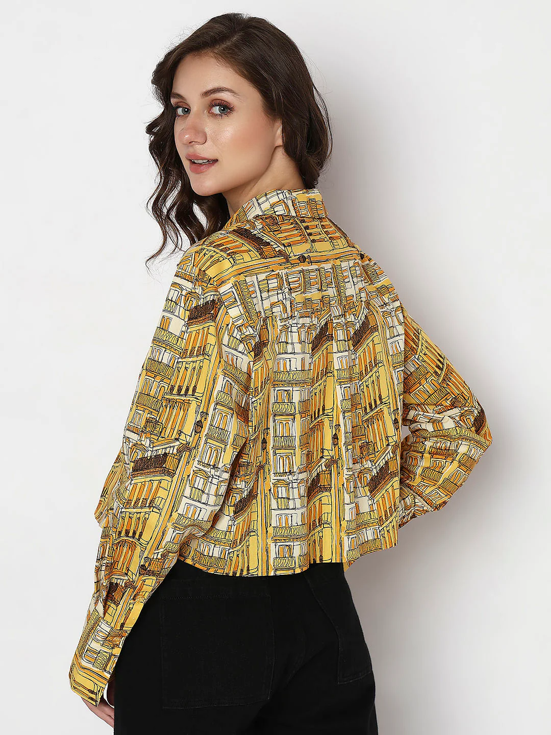 Yellow Abstract Print Cropped Shirt - Image 4