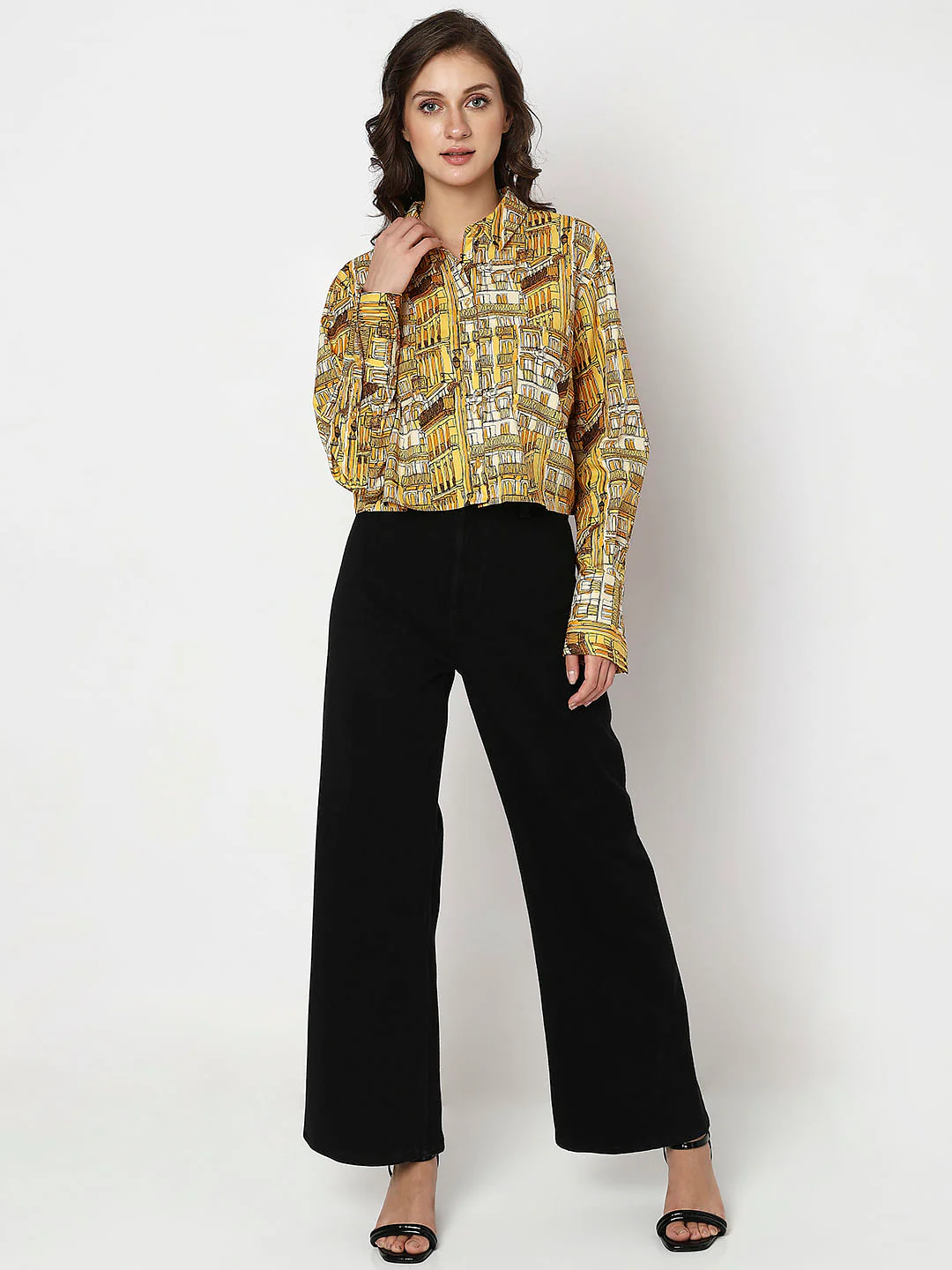 Yellow Abstract Print Cropped Shirt - Image 5