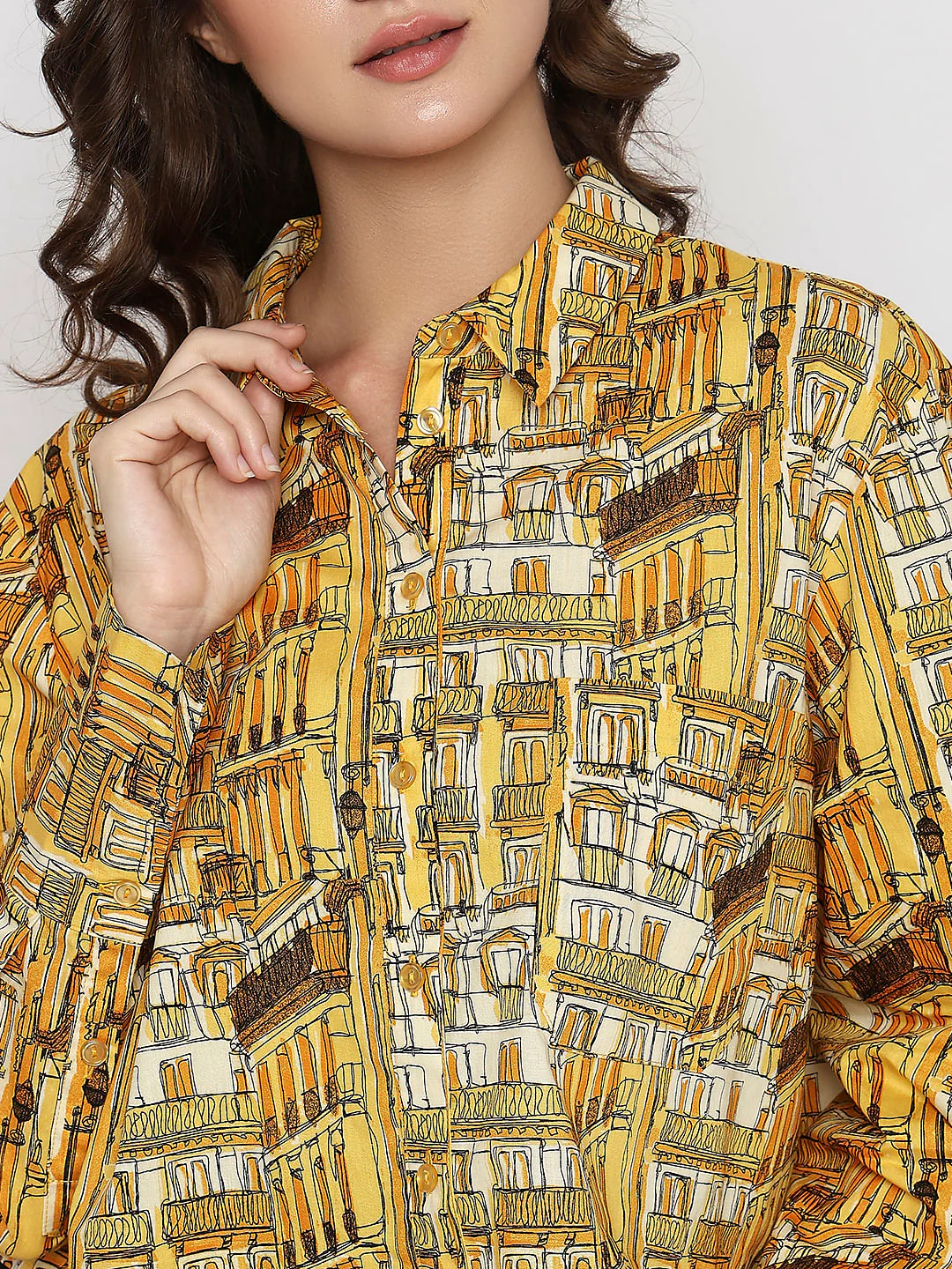 Yellow Abstract Print Cropped Shirt - Image 6