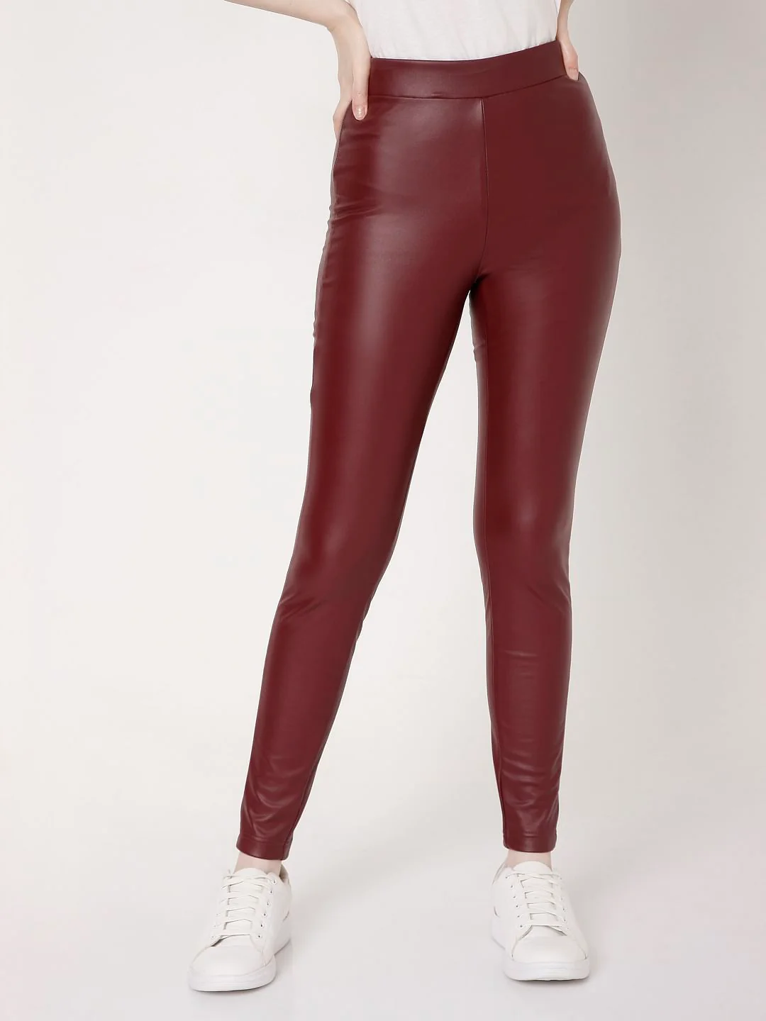 Maroon Faux Leather Leggings - Image 2