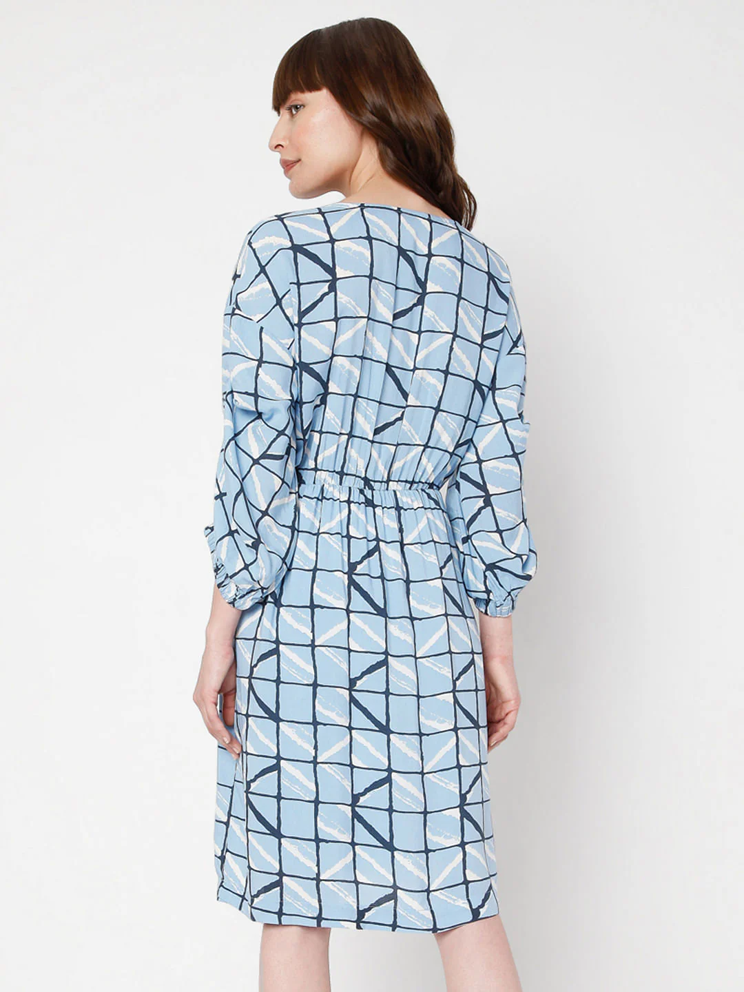 Blue Checked Wrap Dress - Image 4