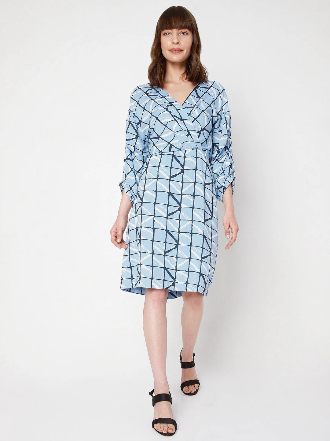 Blue Checked Wrap Dress - Image 5