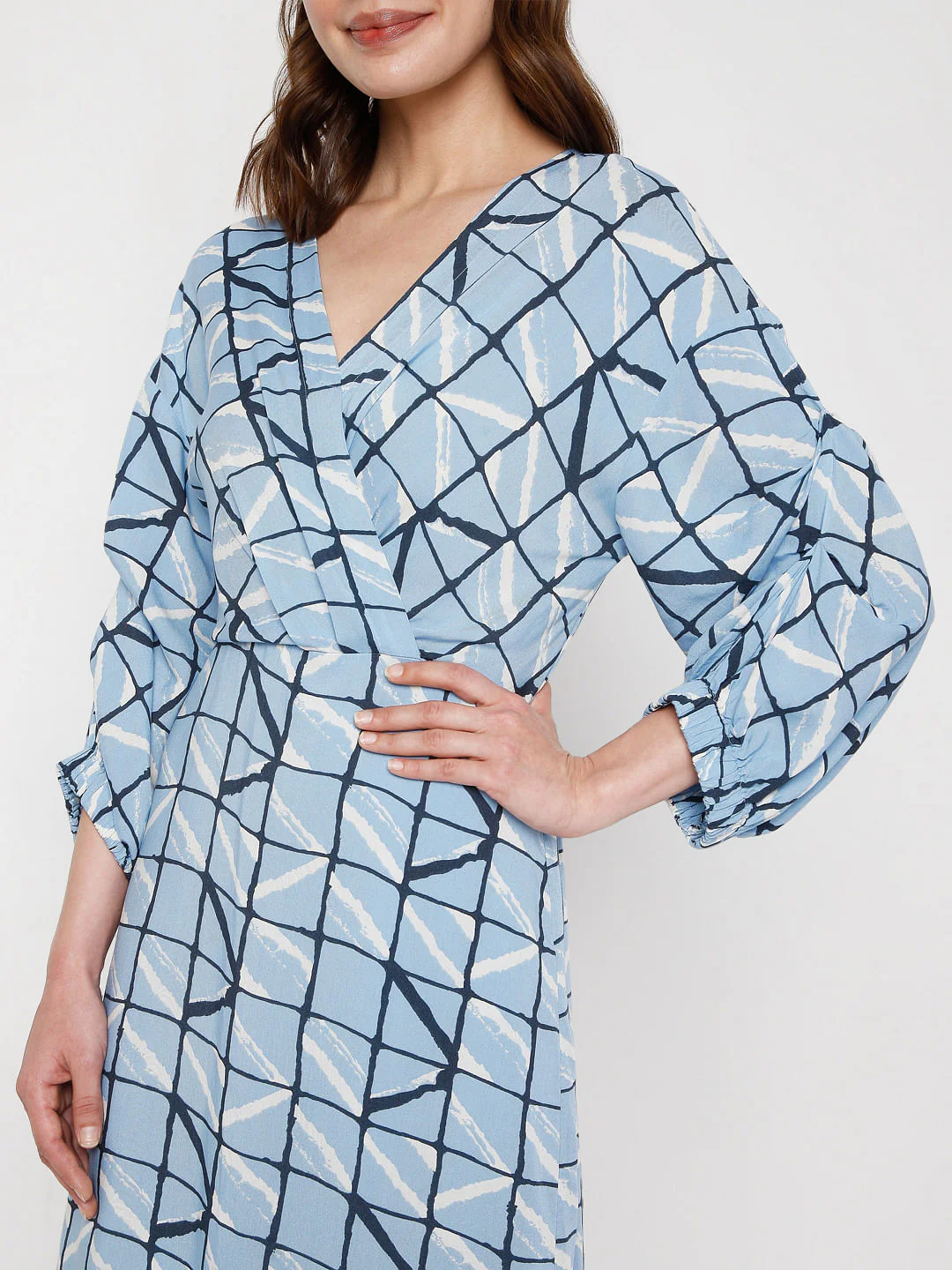 Blue Checked Wrap Dress - Image 6