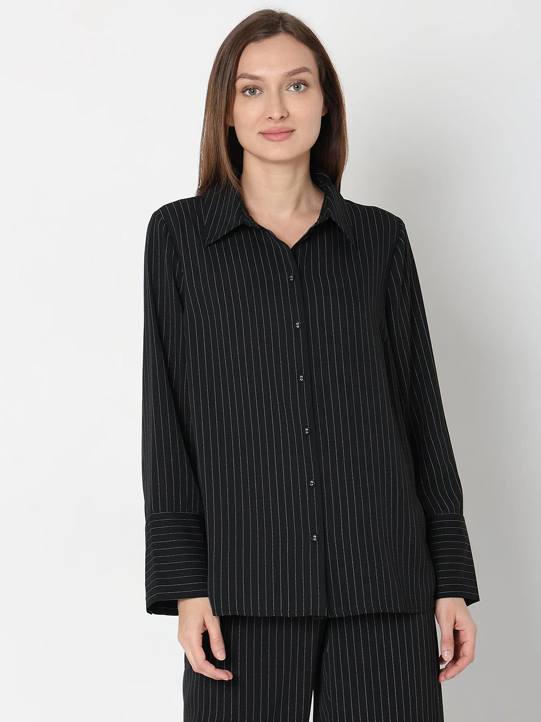Black Pinstripe Co-Ord Set Shirt - Image 2