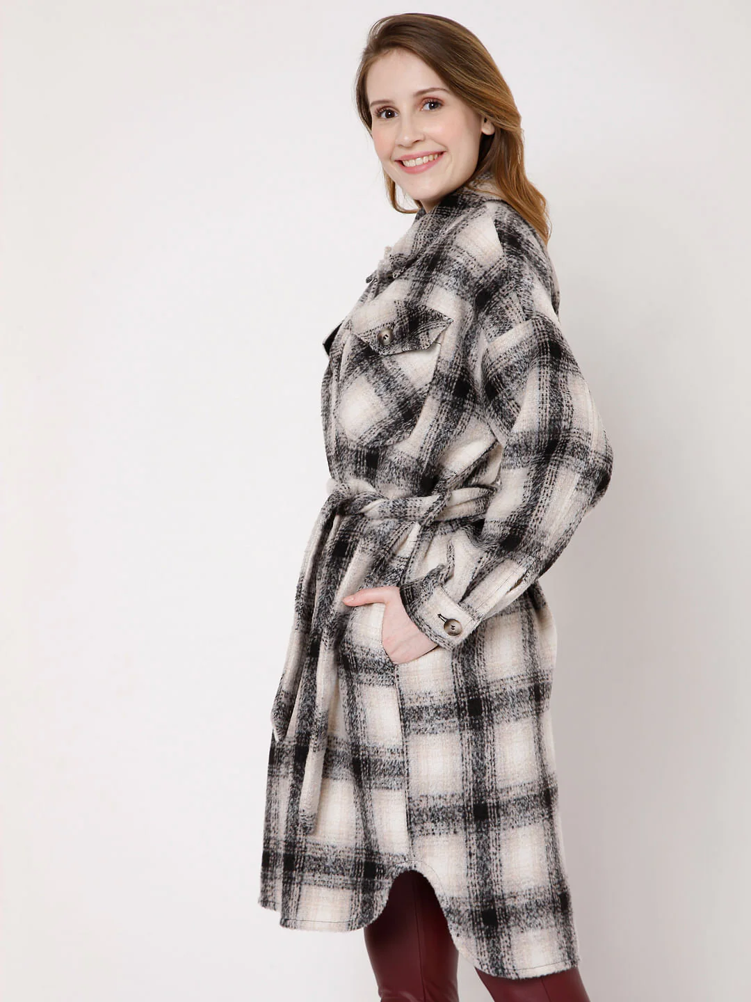 Beige & Black Check Winter Coat - Image 3
