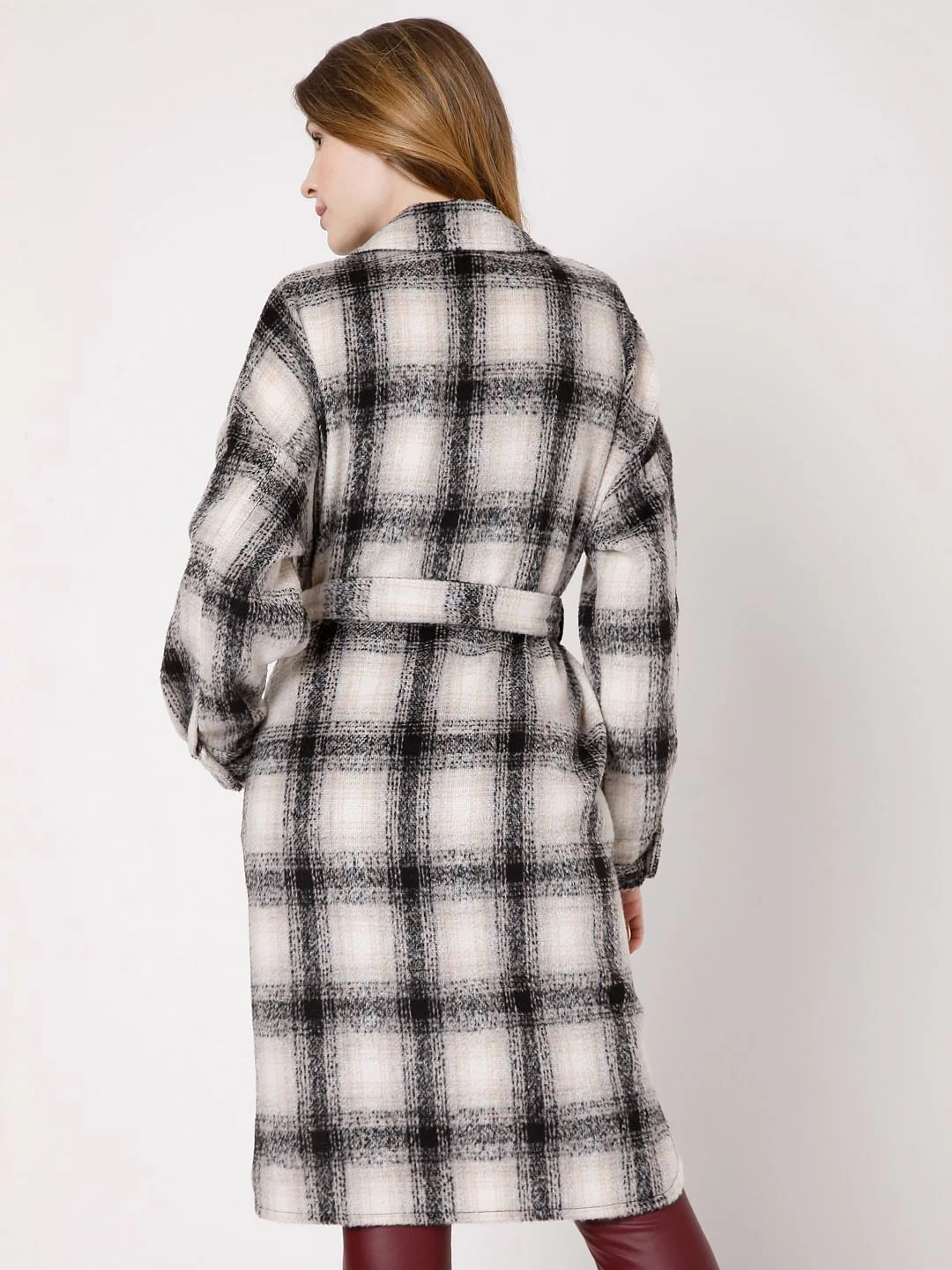 Beige & Black Check Winter Coat - Image 4