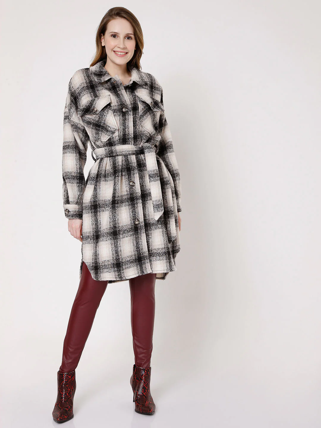 Beige & Black Check Winter Coat - Image 5