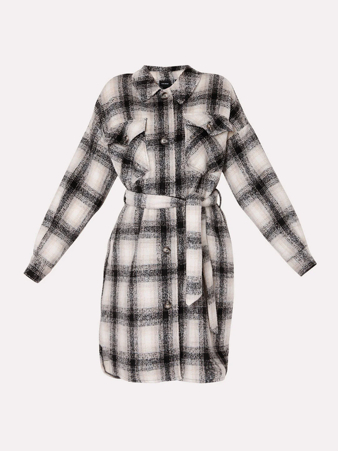 Beige & Black Check Winter Coat - Image 7