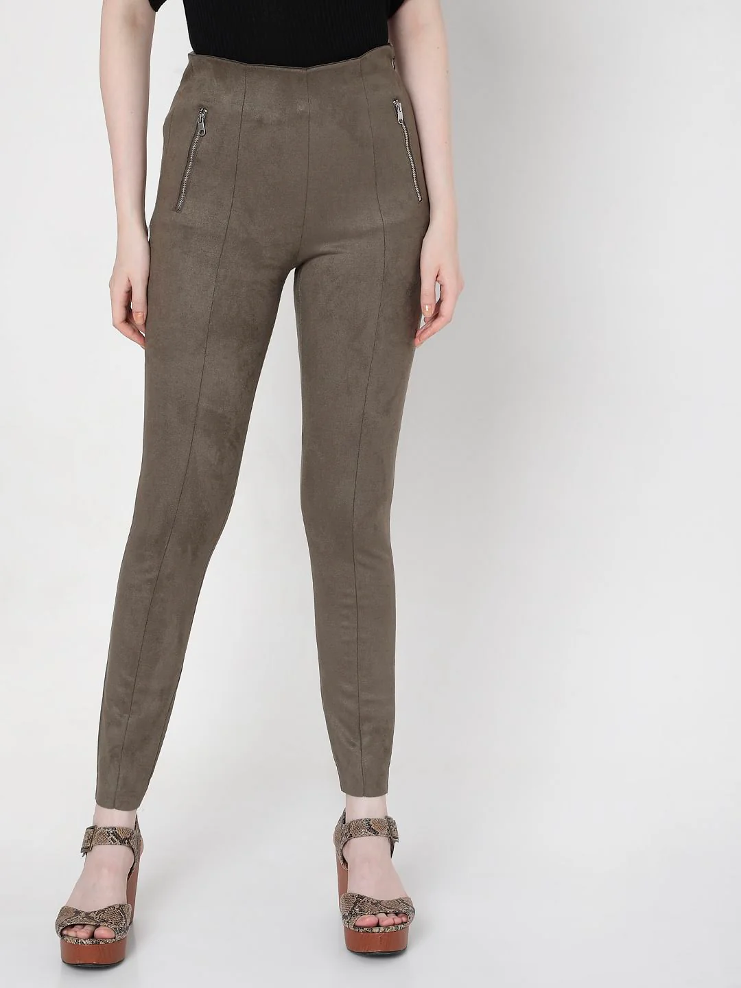 Grey High Rise Faux Suede Leggings - Image 2