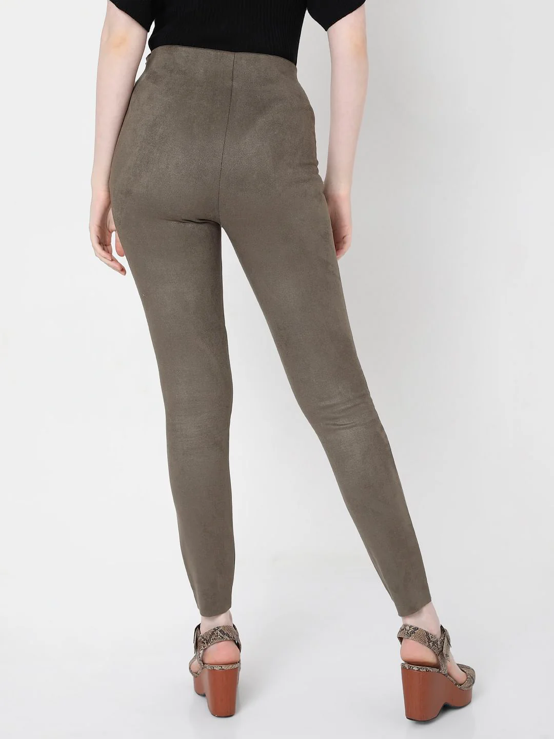 Grey High Rise Faux Suede Leggings - Image 4