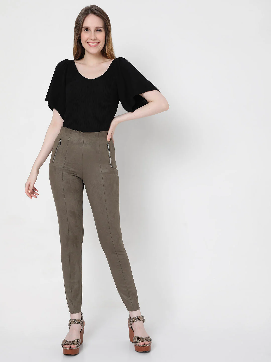 Grey High Rise Faux Suede Leggings - Image 6