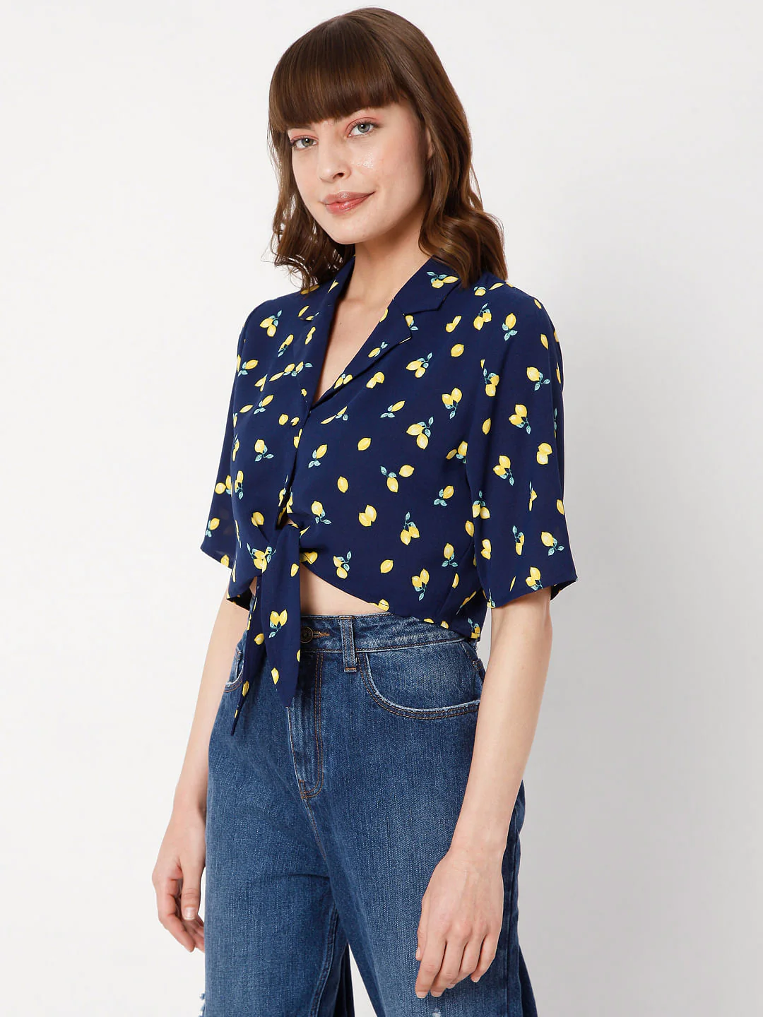 Blue Printed Cropped Co-Ord Set Shirt - Image 3