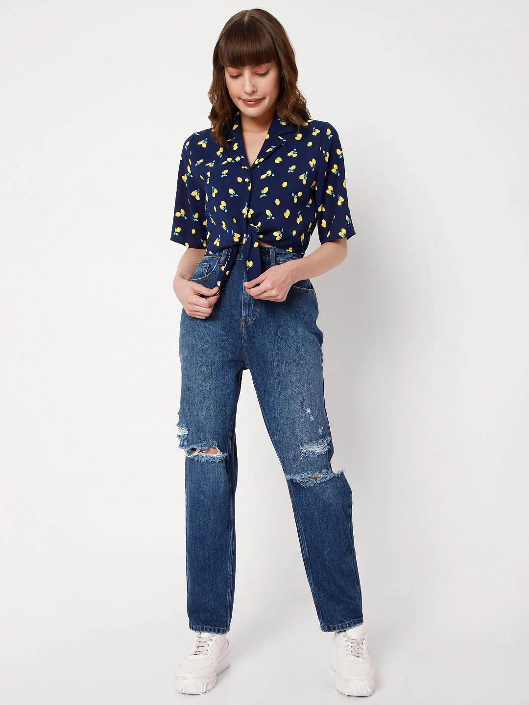 Blue Printed Cropped Co-Ord Set Shirt - Image 5