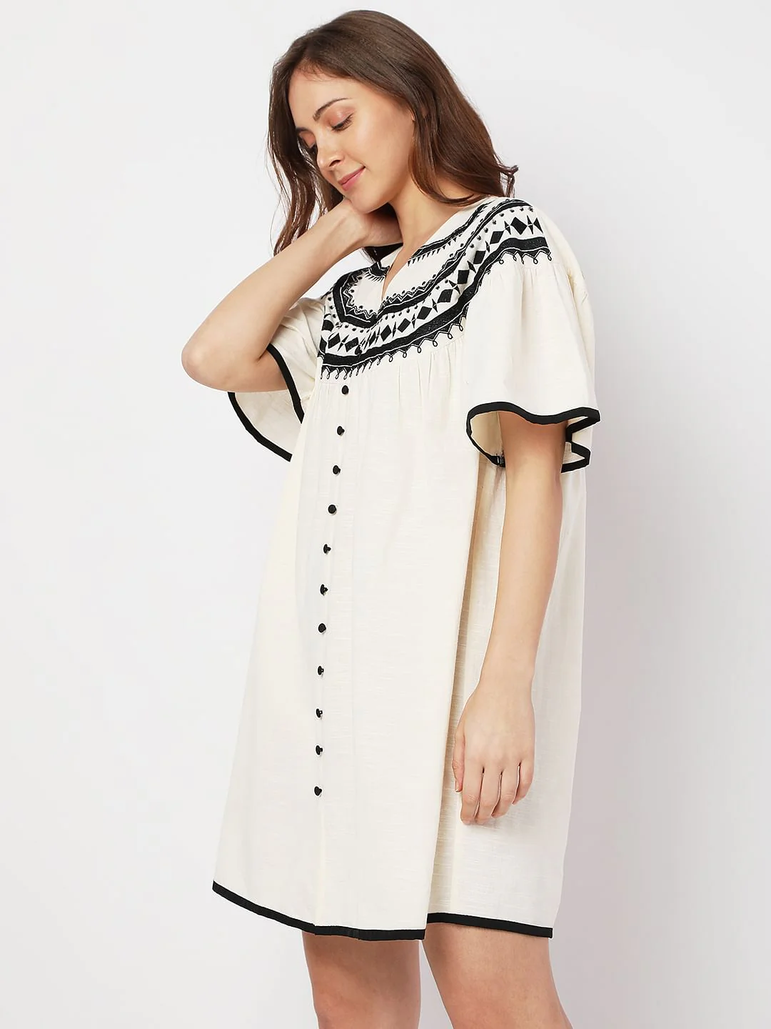 Beige Boho Embroidered Shift Dress - Image 3