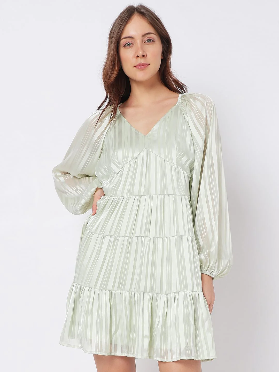 Green Satin Striped Tiered Dress - Image 2
