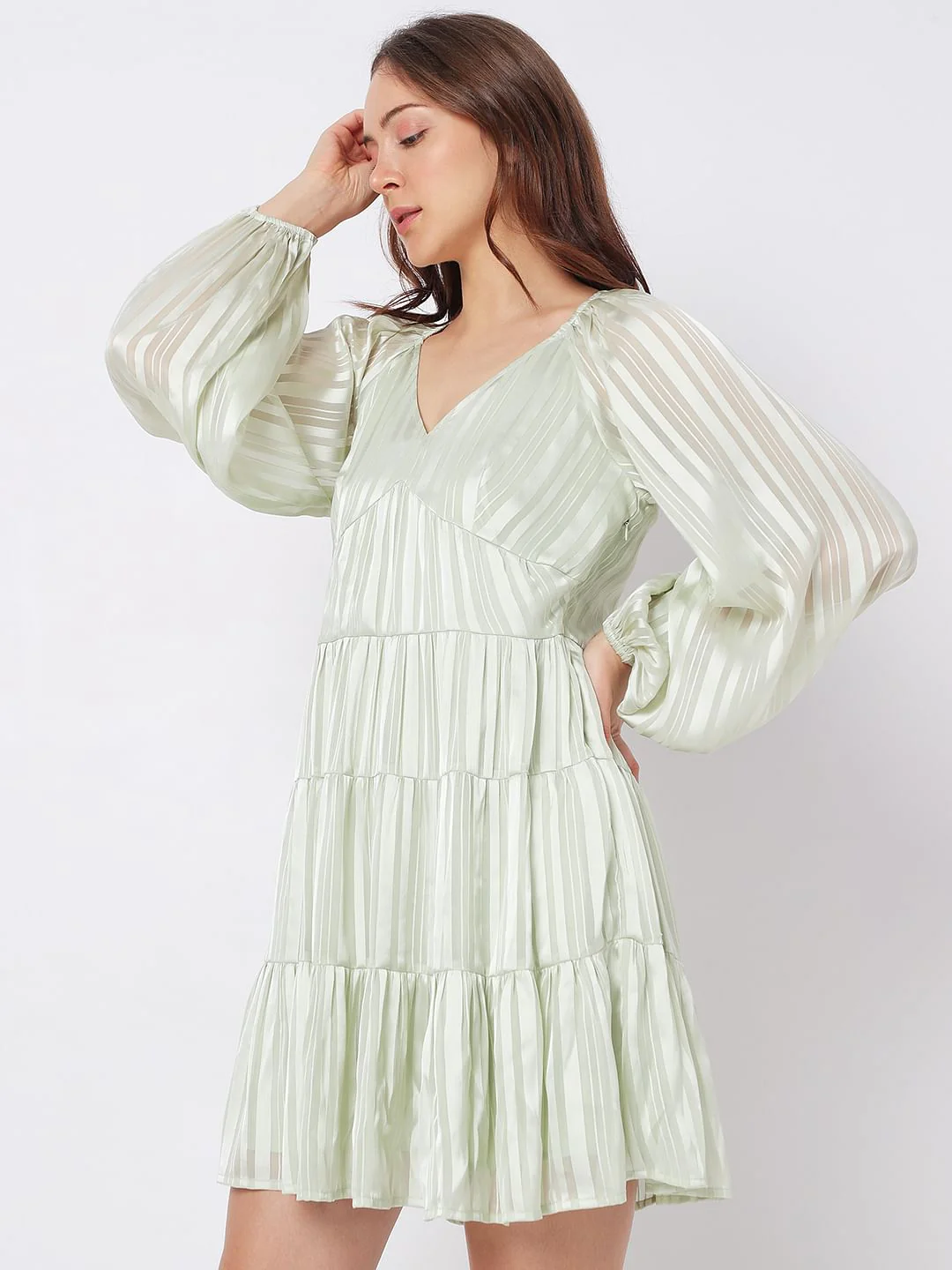 Green Satin Striped Tiered Dress - Image 3