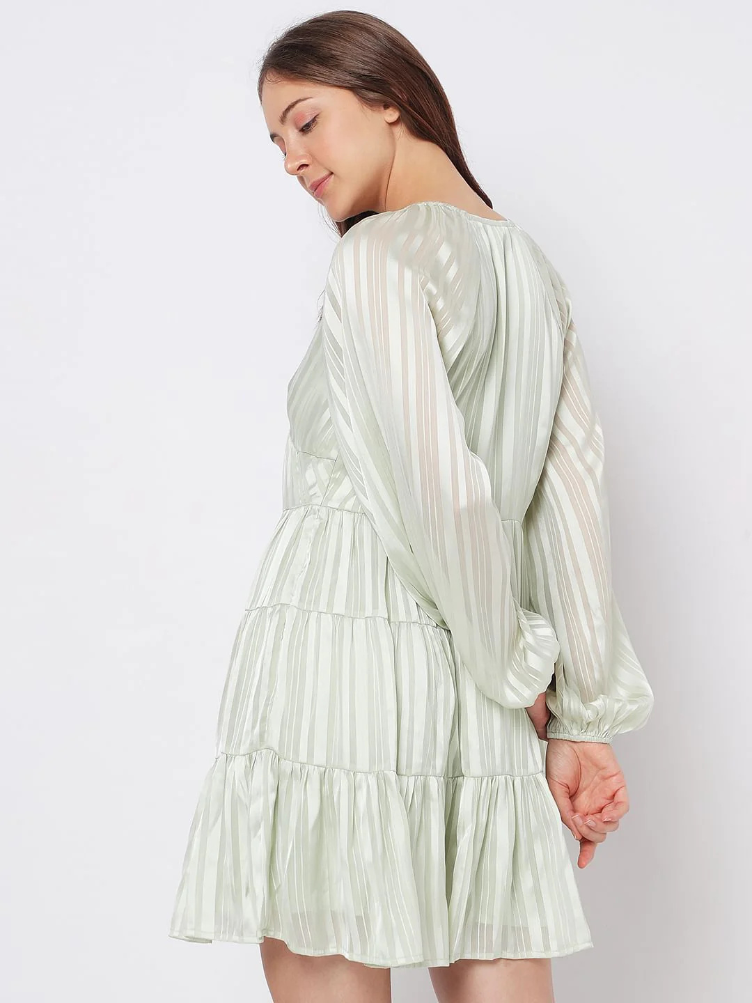 Green Satin Striped Tiered Dress - Image 4