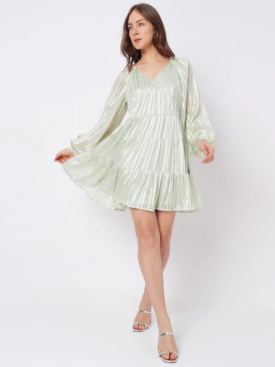 Green Satin Striped Tiered Dress - Image 5