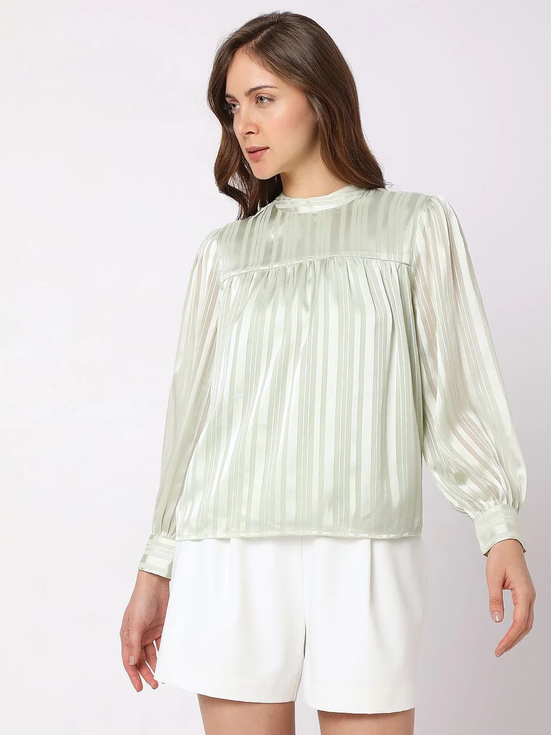 Vero Mdoa Green Satin Striped Top - Image 2