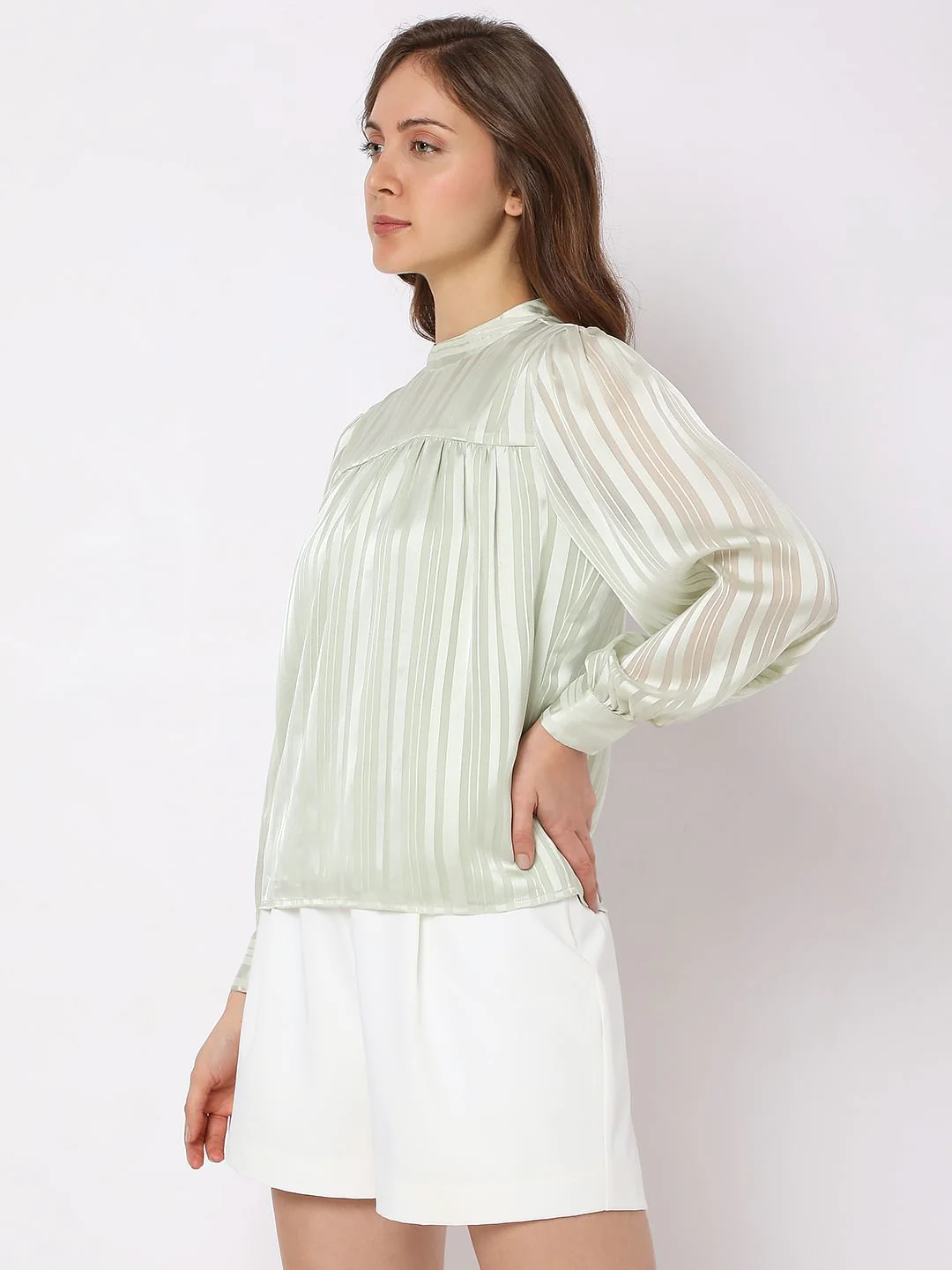 Vero Mdoa Green Satin Striped Top - Image 3