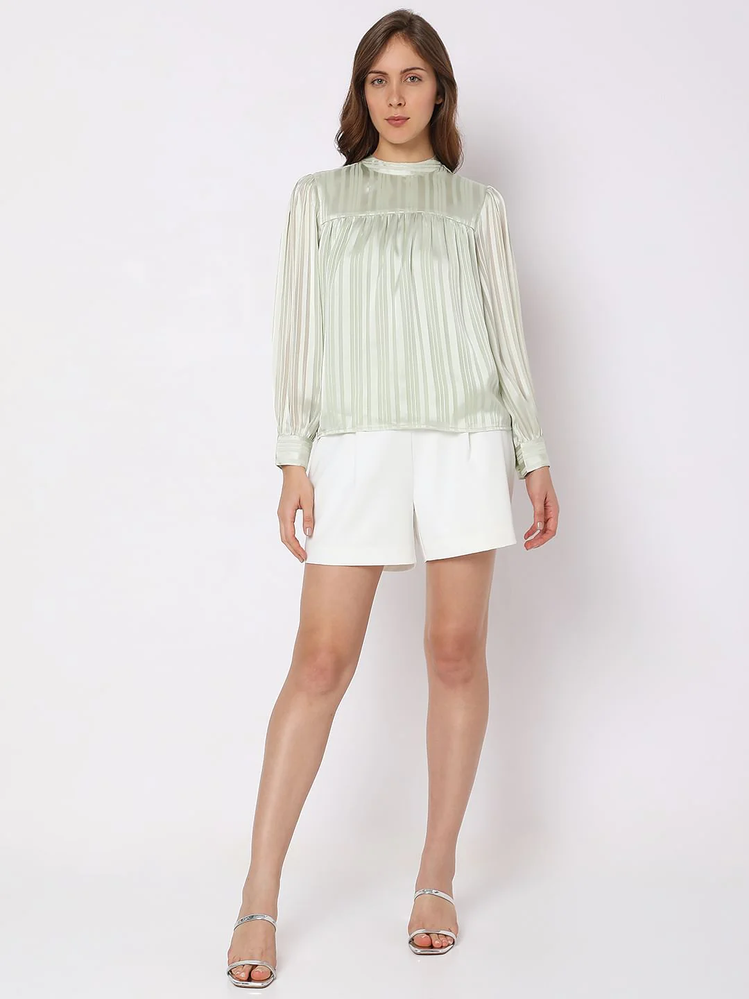 Vero Mdoa Green Satin Striped Top - Image 5