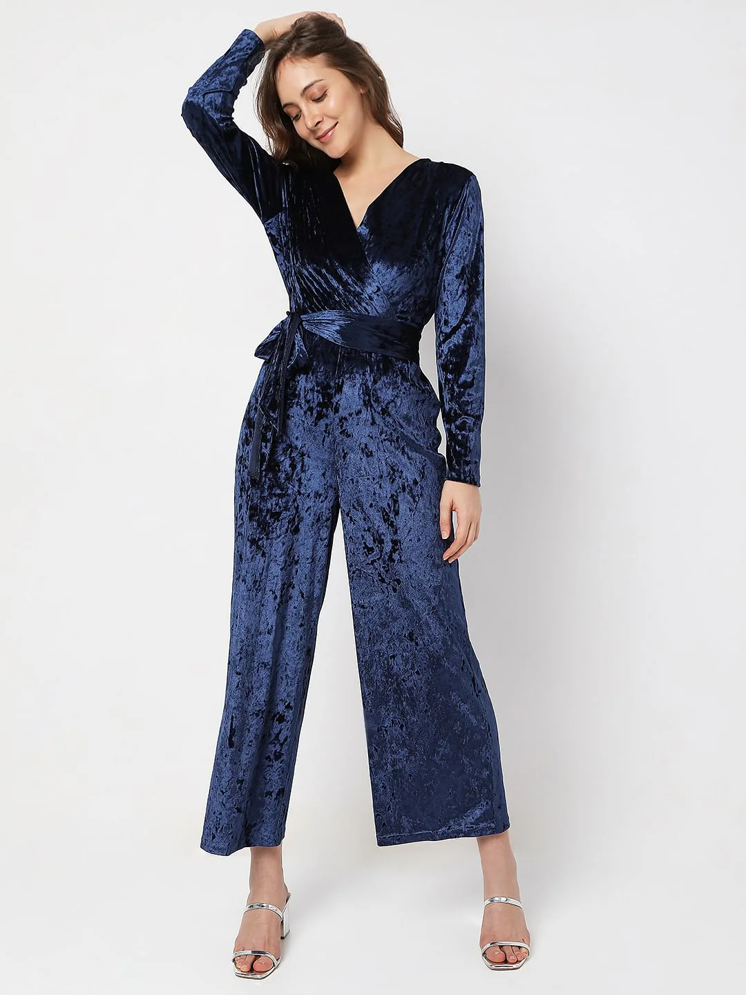 Dark Blue Velvet Overlap Jumpsuit - Image 2