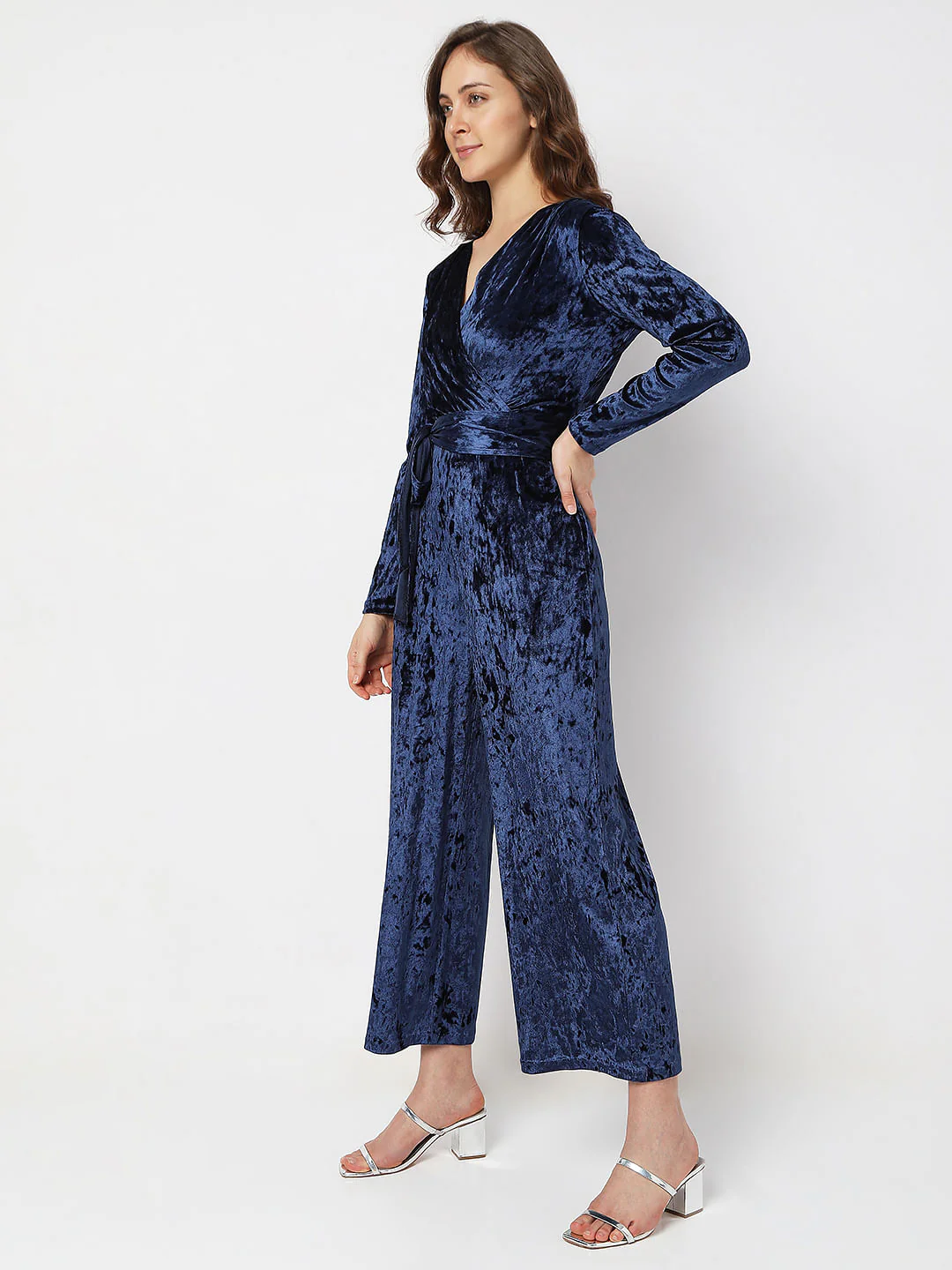 Dark Blue Velvet Overlap Jumpsuit - Image 3