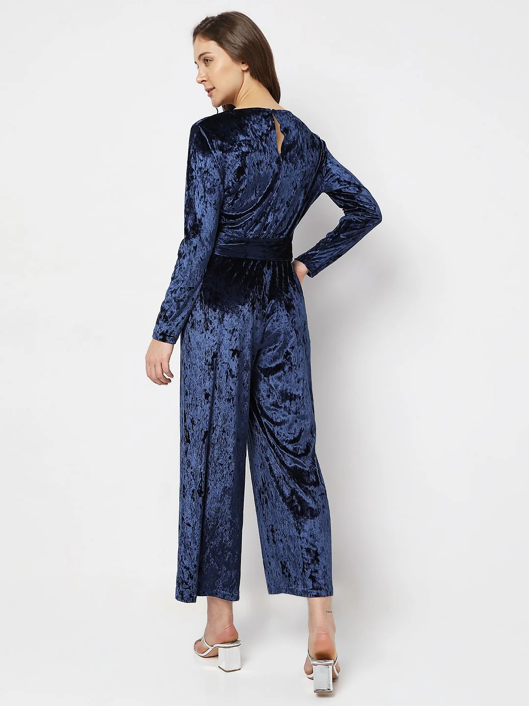 Dark Blue Velvet Overlap Jumpsuit - Image 4