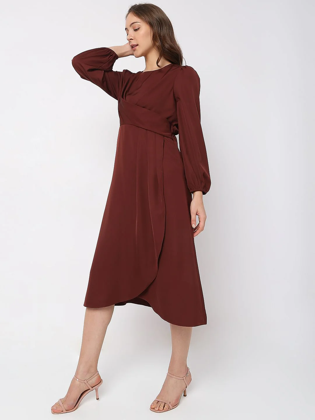 Rust Brown Satin Midi Dress - Image 3