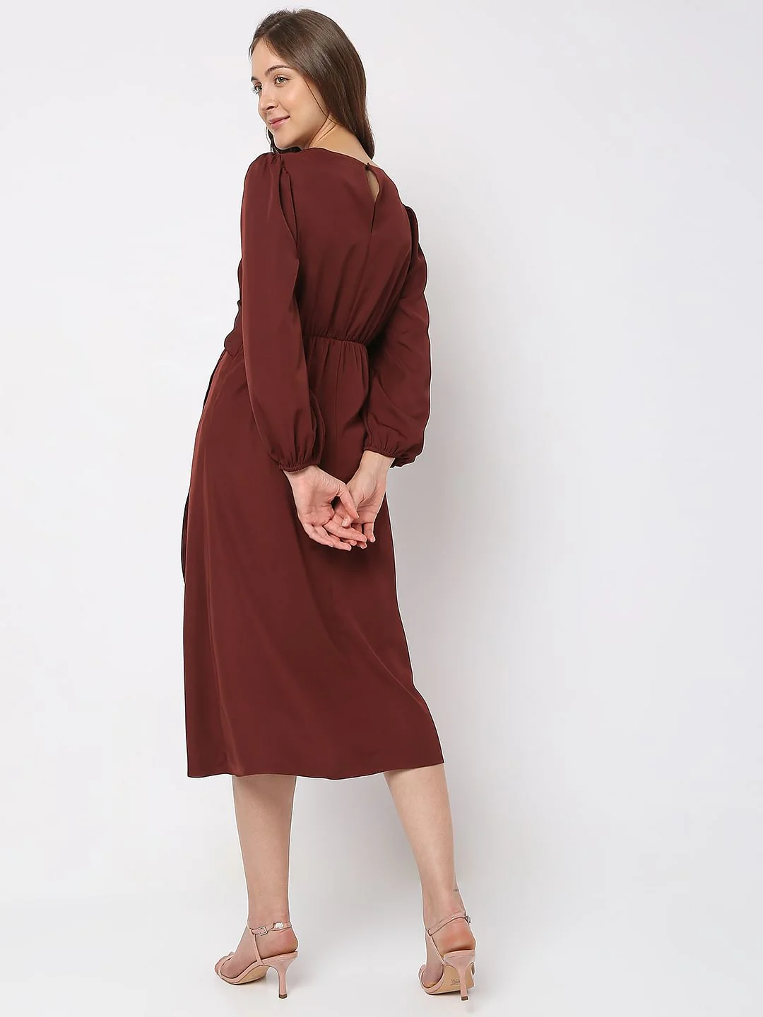 Rust Brown Satin Midi Dress - Image 4