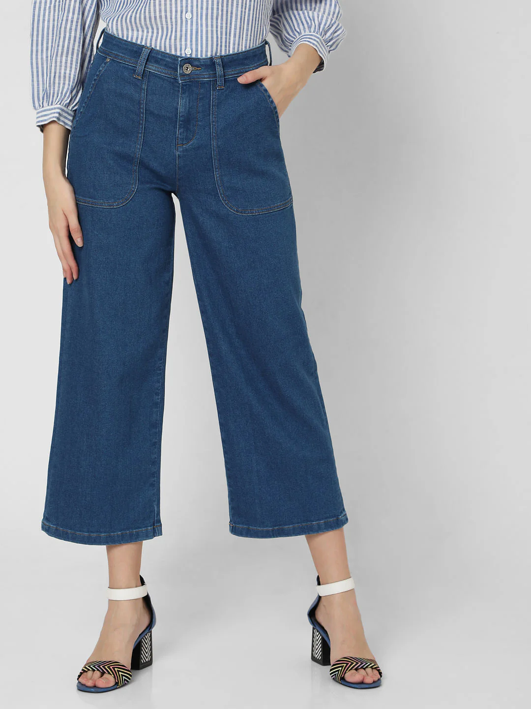 Blue High Rise Patch Pocket Wide Leg Jeans